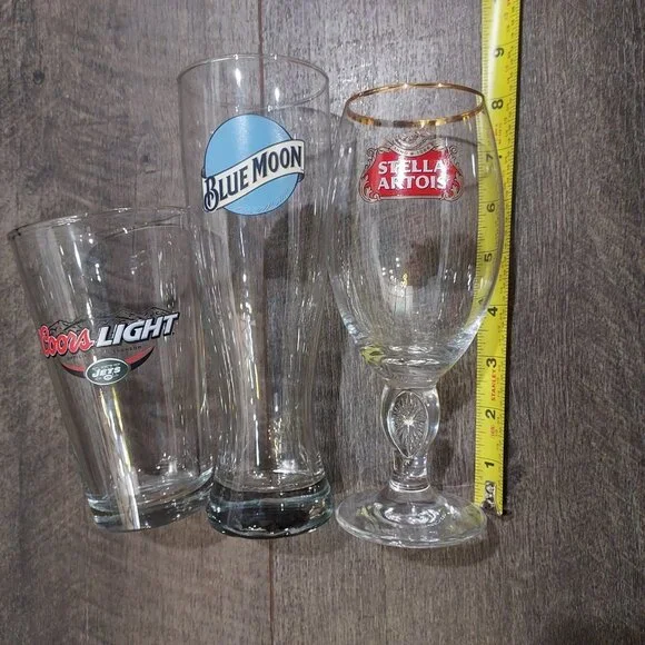 Beer Glass Lot of 3 Coors Jets Stella Blue Moon Barware - Picture 4 of 12